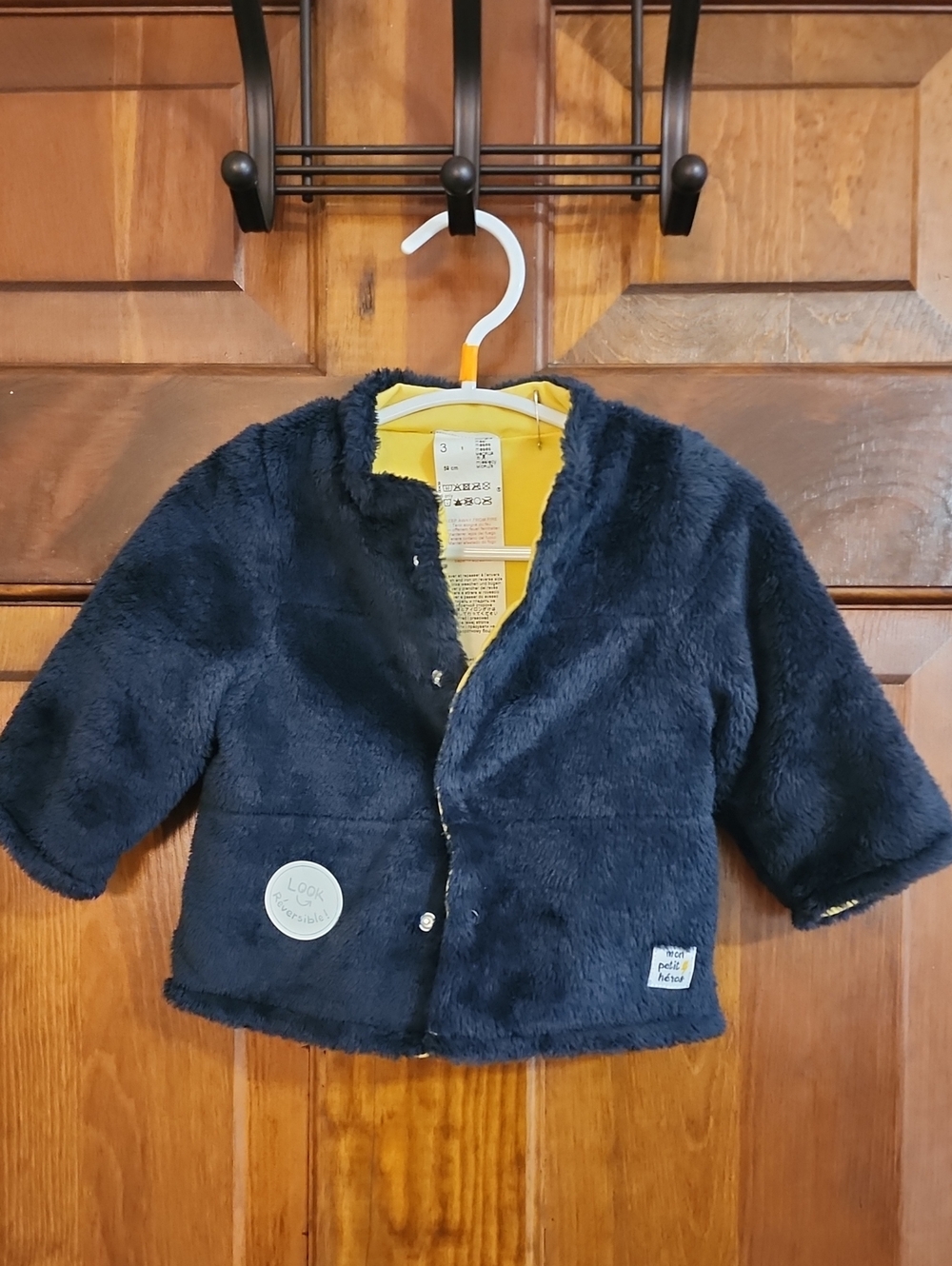Mon Petit-Heros Kids Reversible Navy Faux-Fur Jacket w/ Yellow Lining  (3 Month)